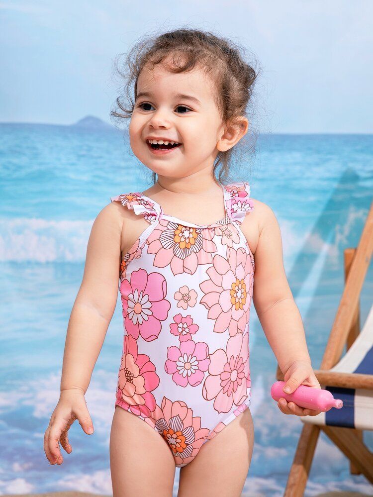 Baby Girl Floral Frill Trim One Piece Swimsuit | SHEIN