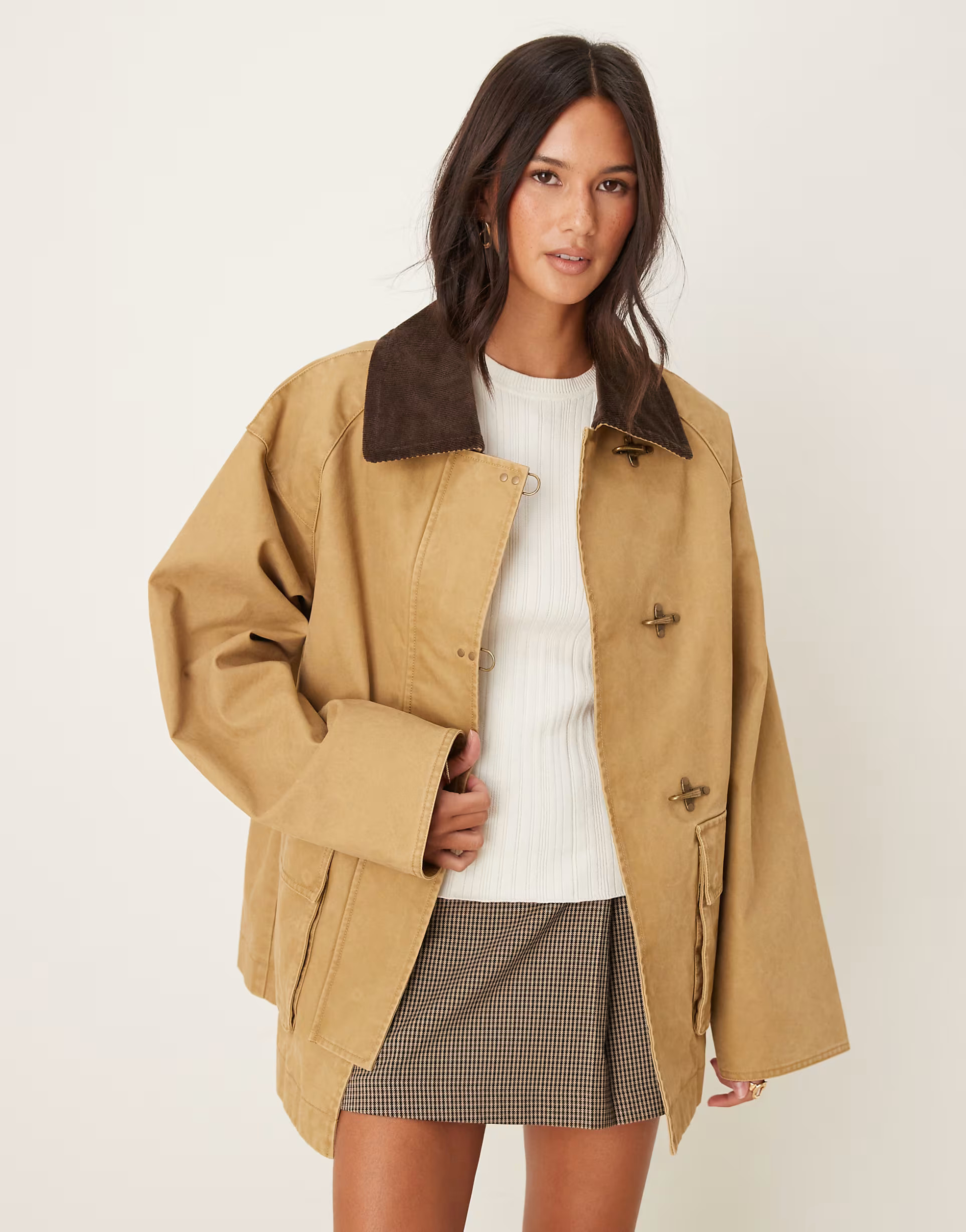 Mango cotton barn jacket with corduroy collar in tan | ASOS (Global)