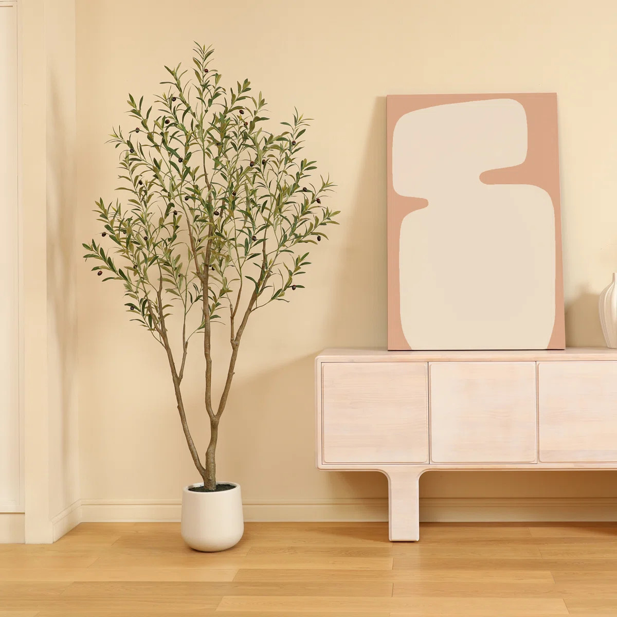 Adcock Faux Olive Tree with Oval White Planter, Pre Potted Fake Greenry Olive Plant for Home Deco... | Wayfair North America