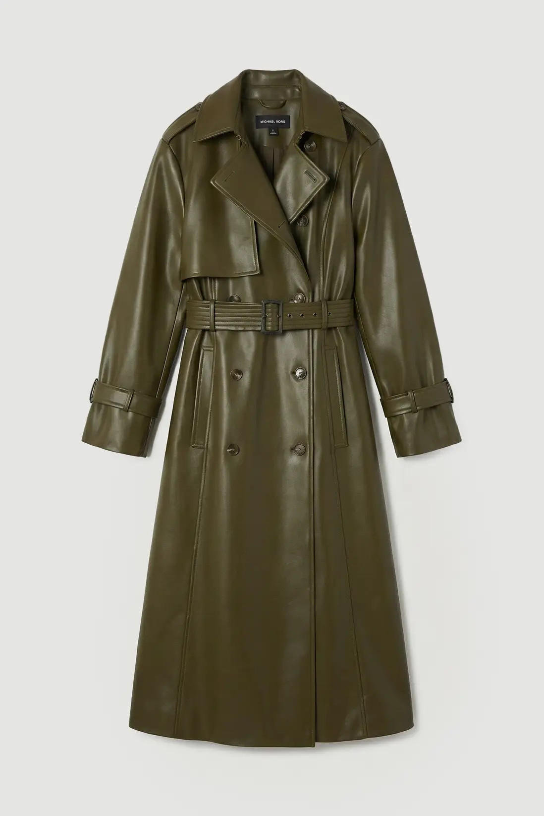 Olive Faux Leather Belted Trench  Coat | Karen Millen | Karen Millen UK + IE + DE + NL