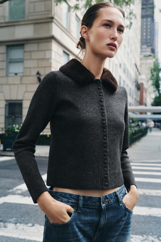 FAUX FUR LAPEL KNIT CARDIGAN | Zara US