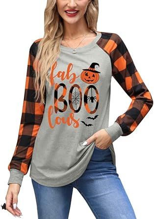 For G and PL Women's Halloween Long Sleeve Raglan Plaid Top Shirt | Amazon (US)