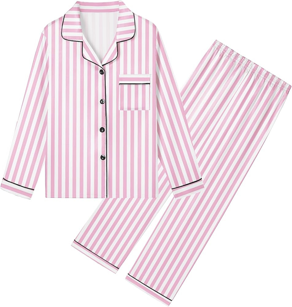 Umeyda Girls & Womens Satin Pajamas Set, 2 Pieces Silky Pjs Long Sleeve + Pants Sleepwear for Mom... | Amazon (US)