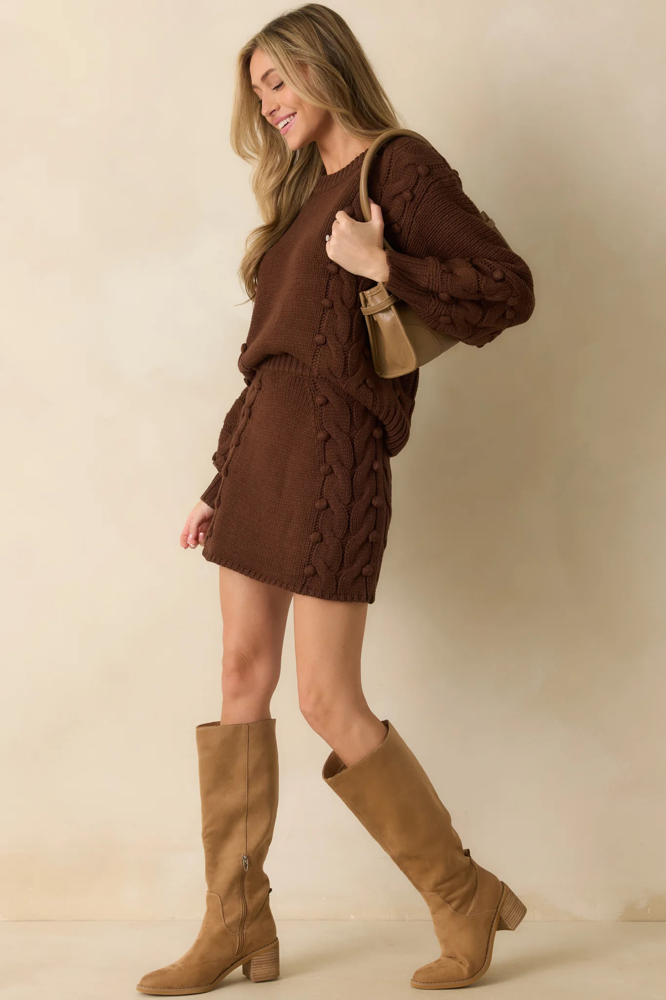 Let’s Be Honest Chocolate Brown Cable Knit Long Sleeve Sweater | Red Dress