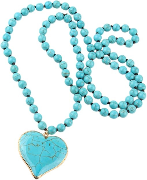 Women's Vintage Turquoise Beaded Necklace Heart Pendant Ethnic Styles Neckchain Long Sweater Chai... | Amazon (US)