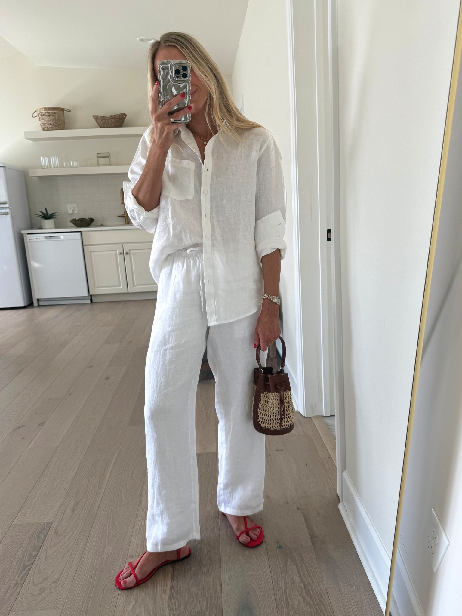 White linen pants - XS
White linen shirt - small 
Red strappy sandals
Raffia handbag

Spring outfits 2926

#LTKgrwm #LTKootd #LTKmomlife