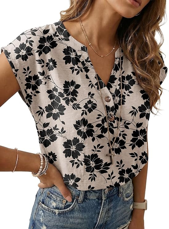 Lepunuo Womens Summer Henley Tops Dressy Casual Blouses Cap Sleeve V Neck Trendy Vacation Busines... | Amazon (US)