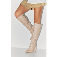 Cream PU Croc Square Toe High Heeled Knee Boots | PrettyLittleThing US