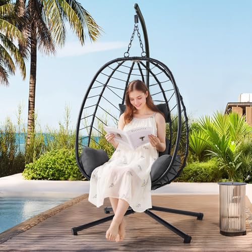 ONBRILL Hanging Egg Chair with Stand, Outdoor Indoor Egg Swing Chair with Cushion Headrest, Wicker Rattan Egg Chair with Dual Chains, 350LBS Capacity for Patio, Porch, Balcony, Bedroom (Dark Gray) | Amazon (US)