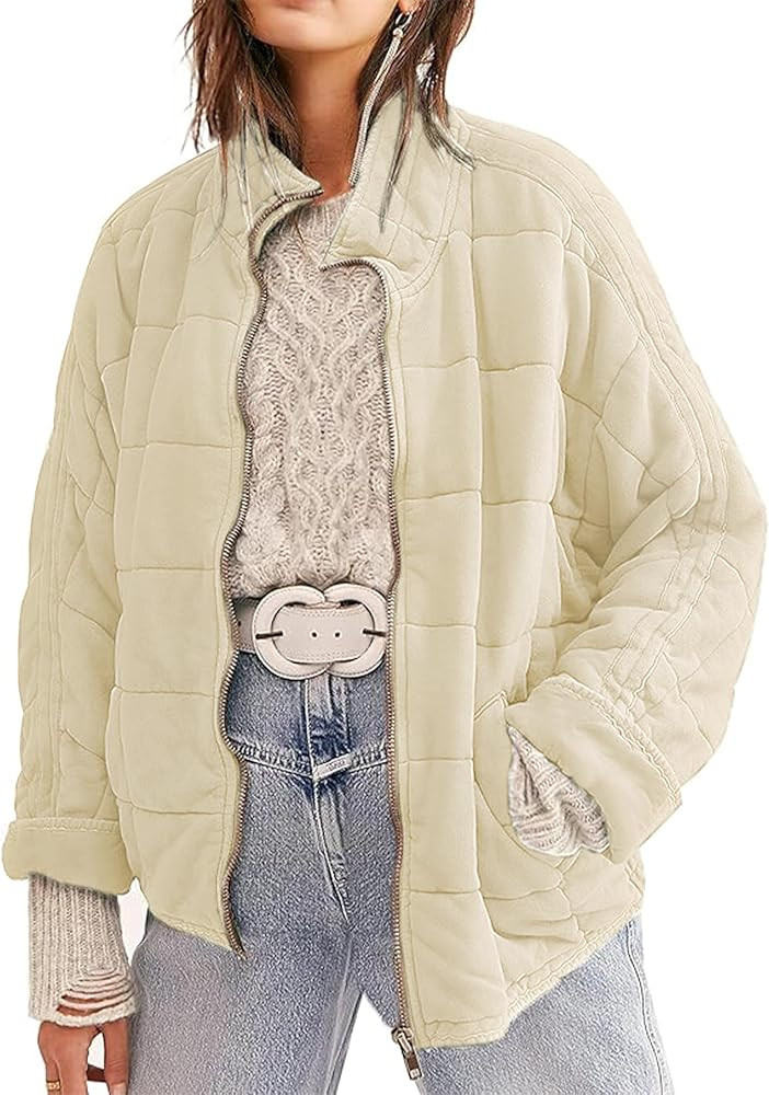 Womens Dolman Quilted Lightweight Jackets Full-zip Stand Collar Loose Warm Winter Outwears with P... | Amazon (US)
