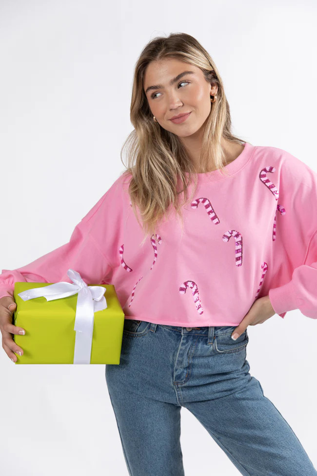 Candy Cane Dreams Pink Sequin Patch Pullover | Pink Lily