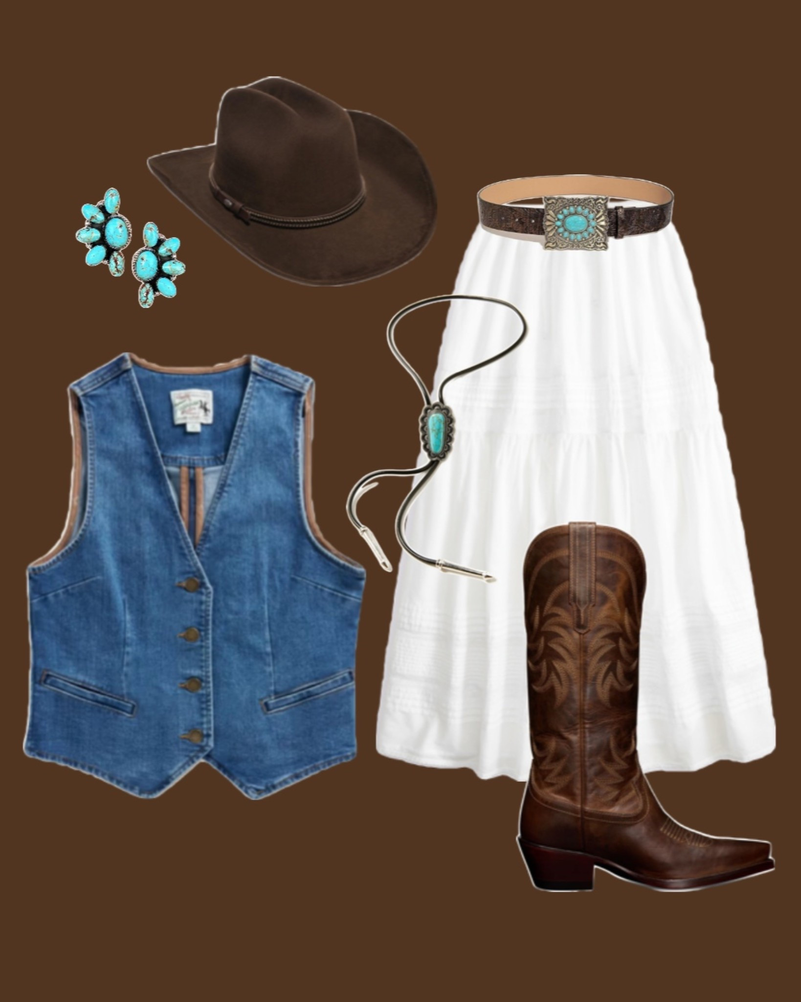 Western chic rodeo style! Outfit you can recreate with items in your closet. 

Denim vest, white midi skirt, brown cowboy boots, brown cowboy hat, turquoise jewelry, western jewelry, western belt, rodeo outfit, festival outfit, bolo tie

#LTKFindsUnder50 #LTKFindsUnder100 #LTKSaleAlert