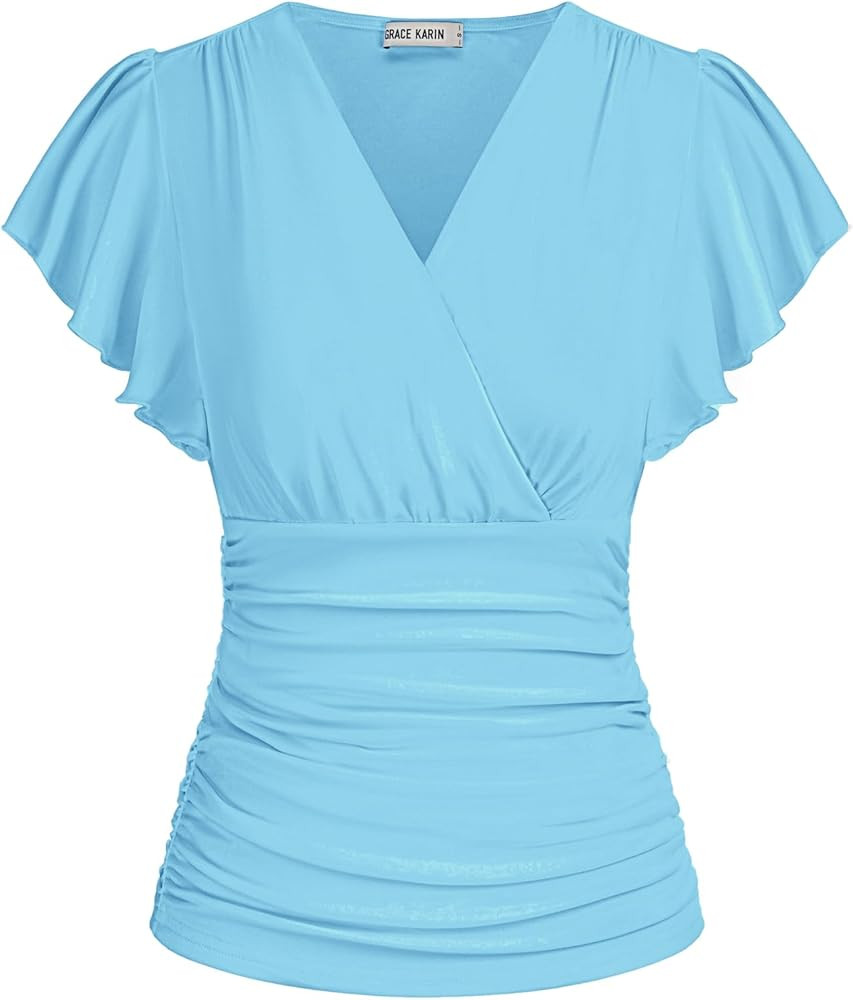 GRACE KARIN 2025 Womens Tops Summer Wrap Blouse V Neck Ruffle Sleeve Dressy Casual Top Ruched Tre... | Amazon (US)