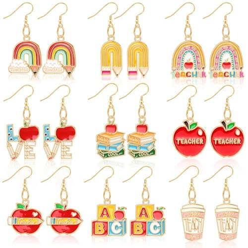 9 Pairs Teacher Earrings for Women Rainbow Pencil Book Dangle Earrings for Graduation Teacher Appreciation Gift Back to School Jewelry | Amazon (US)