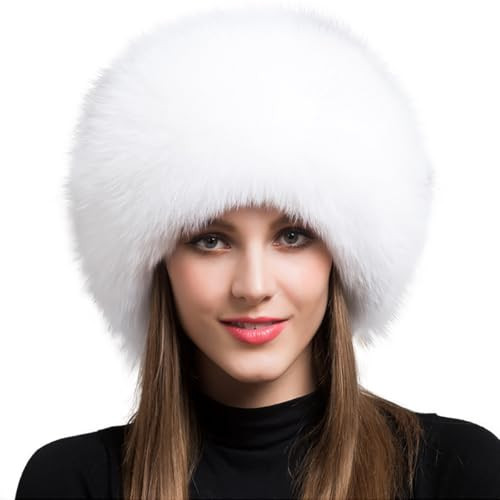 Women Real Fox Fur Hat Winter Thick Warm Luxury Pelt Furry Hats Fluffy Cap Fashion Natural with Tail Pompom (US, Numeric, 5 7/8, White) | Amazon (US)