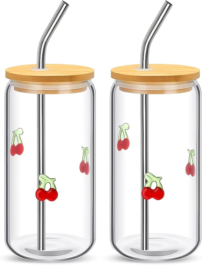Honeydak 2 Pcs Icon Juice Glass Tumbler - 18 oz Cherry Icon Can Shape Glass Cups with Lid and Str... | Amazon (US)