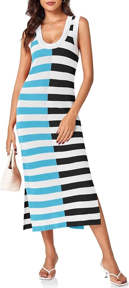 Wenrine Womens Summer Striped Dress Sleeveless Knitted Contrast Color Side Slit Casual Maxi Beach... | Amazon (US)