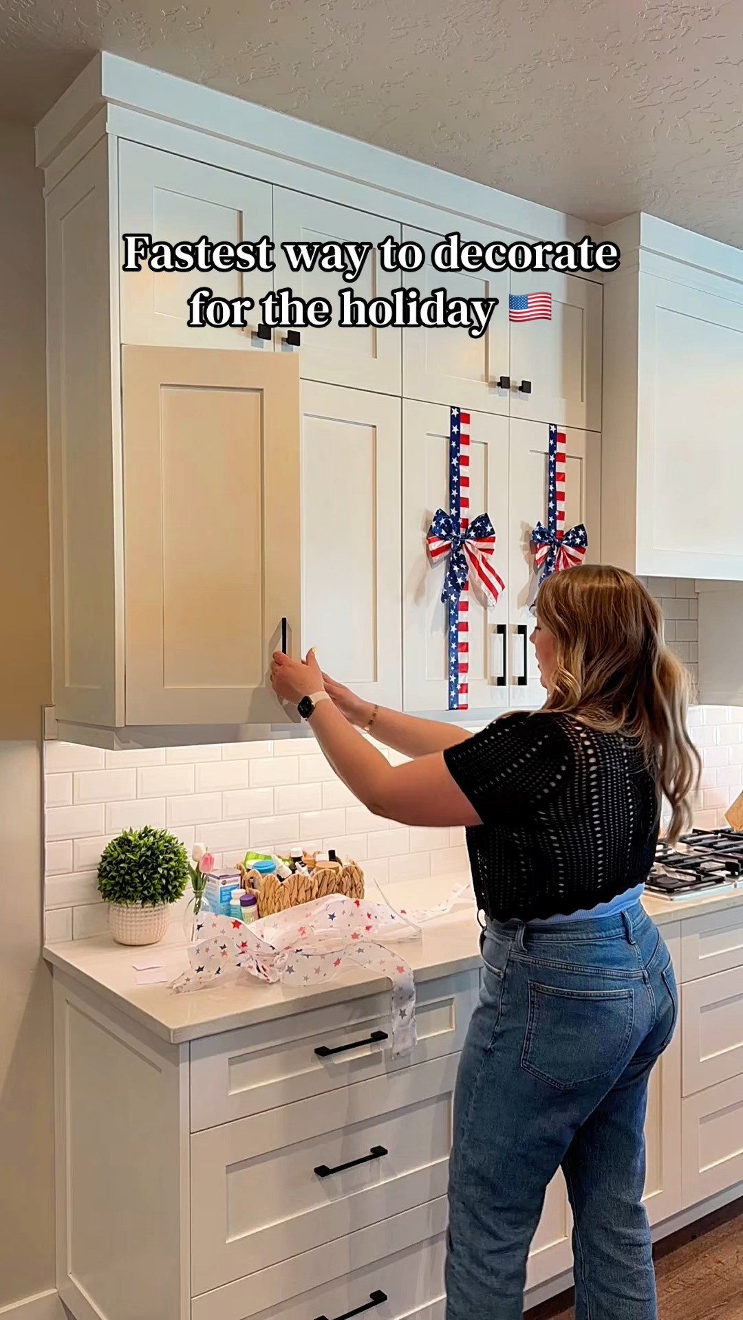 Patriotic cabinet bows 🇺🇸 Such an easy way to decorate for summer holidays 

 #LTKdayinmylife #LTKSeasonal #LTKHome