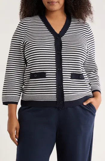 Adrianna Papell Frayed Trim Stripe Cardigan in Navy/Ivory at Nordstrom Rack, Size 2X | Nordstrom Rack