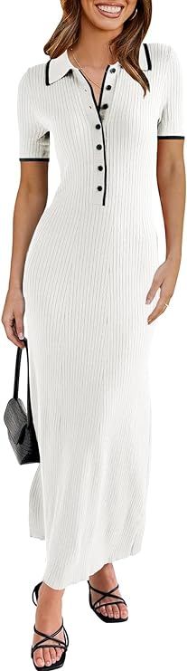 Saodimallsu Womens Short Sleeve Maxi Dress Summer Bodycon Button V Neck Collared Knit Elegant Par... | Amazon (US)