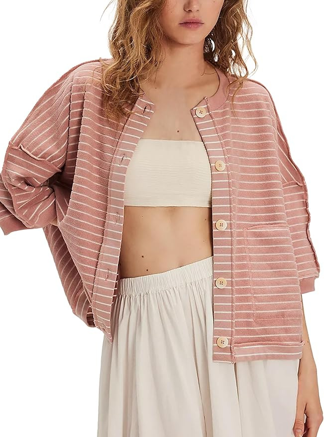 Women‘s Oversized Sweatshirt Cardigan Lightweight Button Down Lounge Jacket with Pocket Casual ... | Amazon (US)
