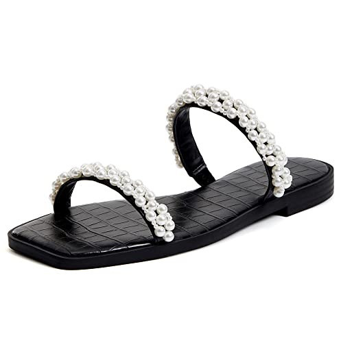 Womens Pearl Flat Sandal Square Open Toe Cute Two Strap Slip On Beach Slide Dress Shoes | Amazon (US)