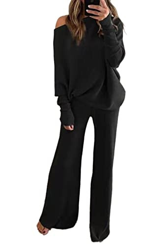 AOHITE Women's 2 Piece Outfit Set Long Sleeve Off Shoulder Pullover Sweater Top And Wide Leg Pants Sweatsuit Black Medium | Amazon (US)