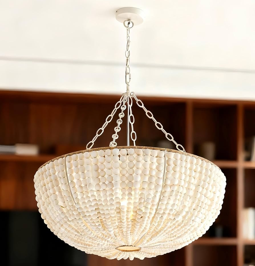 30 Inch Boho Wood Bead Chandelier, 2-Light Farmhouse Hand-Made Light Fixtures, Oak White Retro Vi... | Amazon (US)