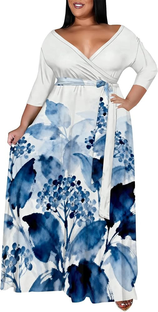 Women\u2019s Minimal Print Wrap Maxi Dress for Fall Holiday Party\u2013Plus Size XL\u20136XL with... | Amazon (US)