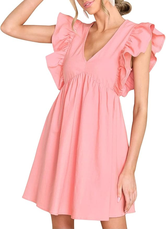 FANCYINN Women's Summer Casual Babydoll Mini Dress Ruffle Sleeveless Deep V Neck High Waist Swing... | Amazon (US)