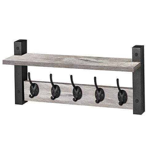 Sorbus Matte Black Floating Wall Shelf with 5 Hooks 15.75""W - White | HSN