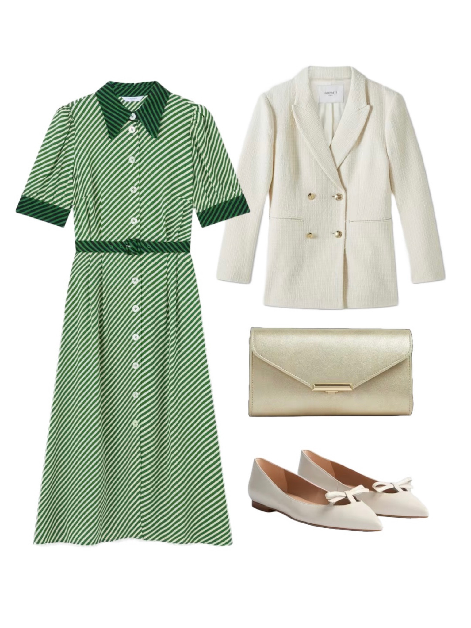 This NEW LK Bennett ‘Val’ Treetop green shirt dress has me swooning! Perfect for spring, partner with the LK Bennett signature collection ‘Mariner’ double breasted jacket in ivory / cream, the ‘Lucy’ gold clutch bag to mirror the gold buttons on the blazer and these adorable pair of SS25 Lynne ivory bow flats! It would be incredibly easy to style this outfit for a spring or summer wedding - a classic ivory or green pillbox would look fab! Enjoy 15% off all full price styles at LK Bennett with my discount code: REBECCALIPKINAUTHOR15

#LTKuk #LTKeurope #LTKspring