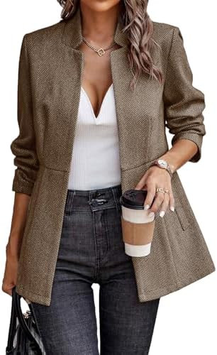 ELLEVEN Women’s Open Front Herringbone Blazer-Business Casual Long Sleeve Work Jacket with Full... | Amazon (US)