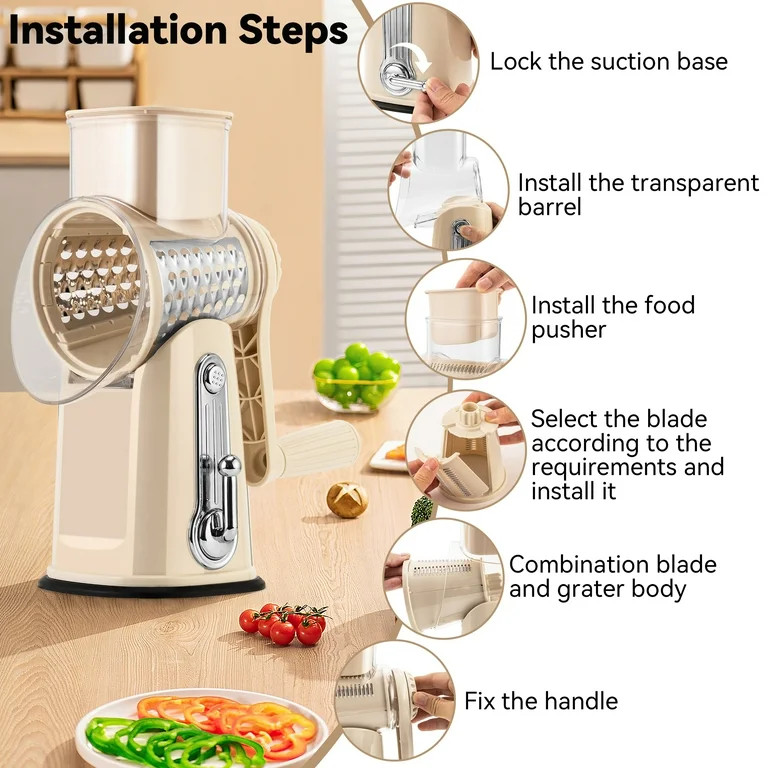 Pukomc Rotary Cheese Grater with Handle- 5 Blades, Suction Base, Mandoline Slicer & Veg Shredder ... | Walmart (US)