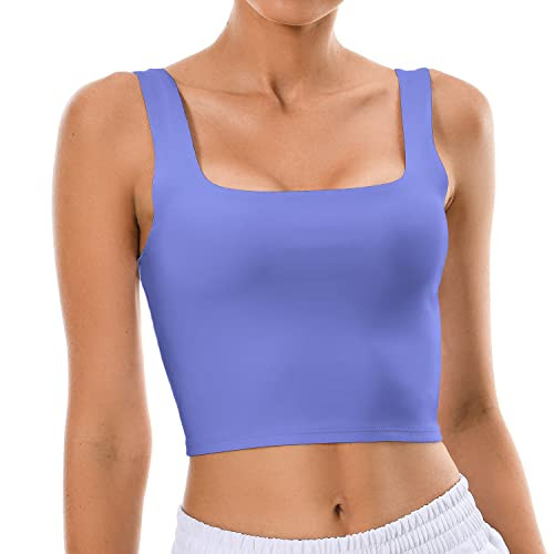 Colorfulkoala Women's Body Contour Square Neck Tank Tops Sleeveless Strappy Crop Double Lined Shirts(XS, Lavender Blue) | Amazon (US)