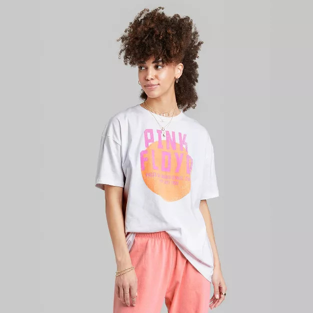 Women's Ascot + Hart Pink Floyd Short Sleeve Graphic Boyfriend T-Shirt - White | Target