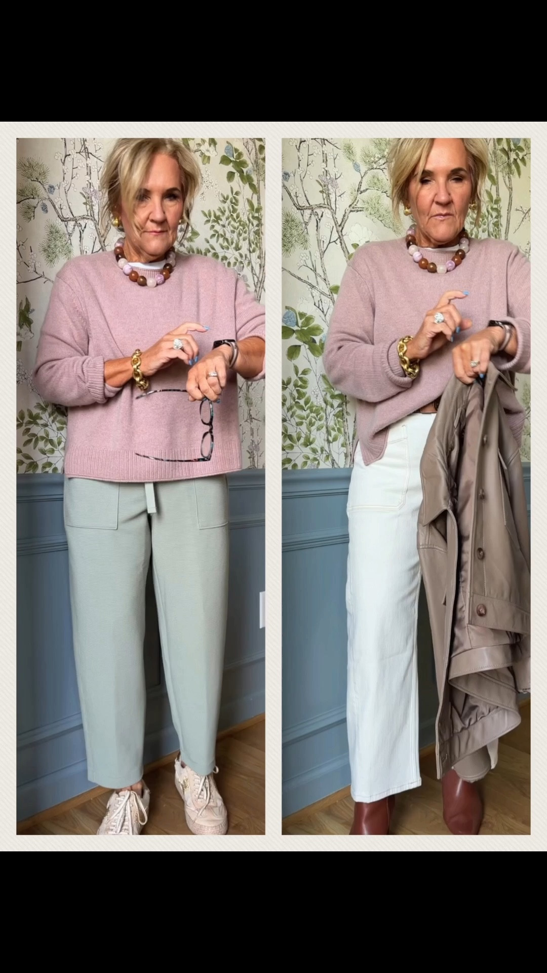 Quince cashmere size medium this sweater is gorgeous 
Leather jacket medium 
Barrel jeans size medium petite code LTKSPANX 20% off spanx sitewide! Only thru 3/15
Necklace 25% off! 
Tshirt is fitted so size up to a large

#LTKSpringSale #LTKPetite #LTKOver40