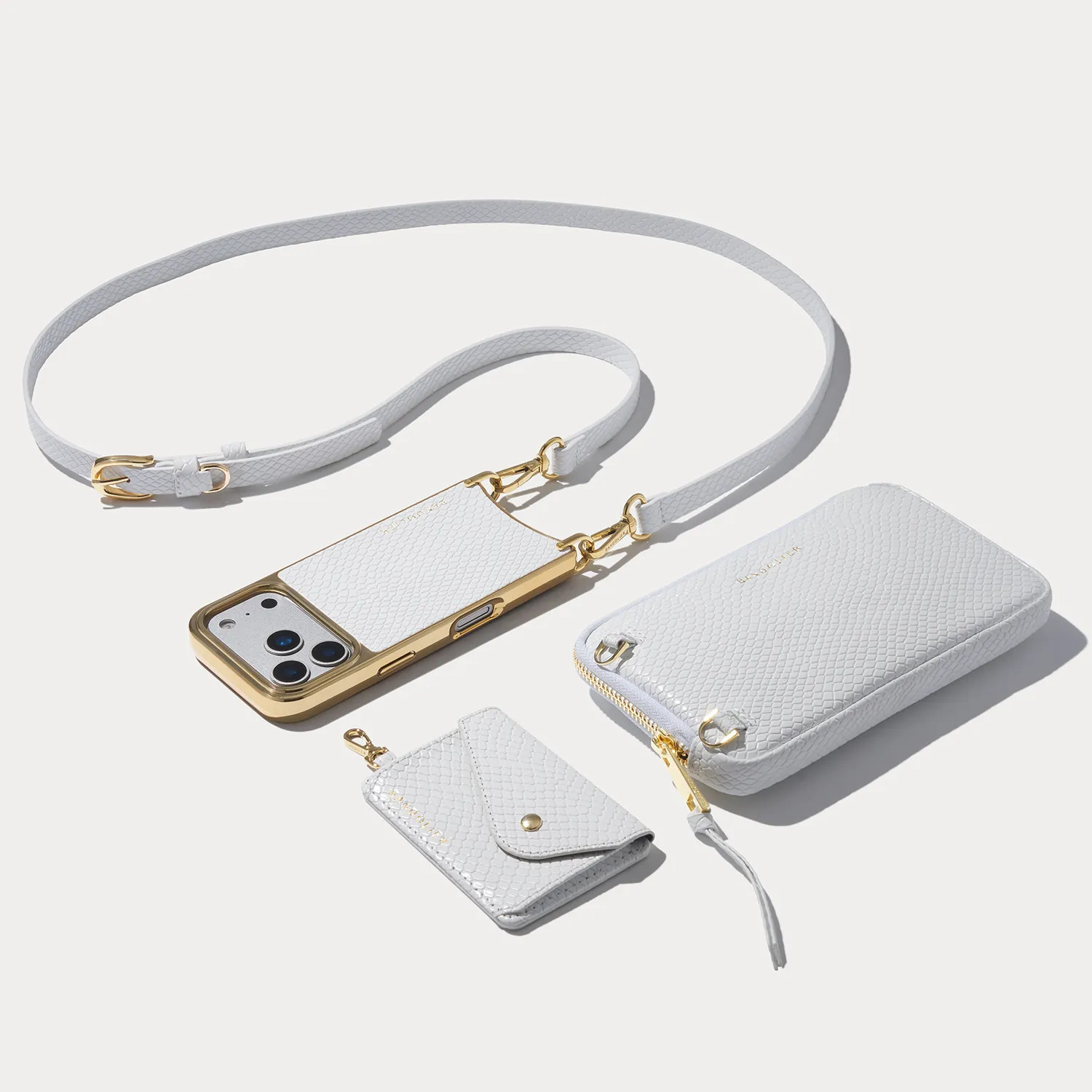 Remi Magnet Wallet Crossbody Phone Case Pouch Set - White Snake/Gold | Bandolier
