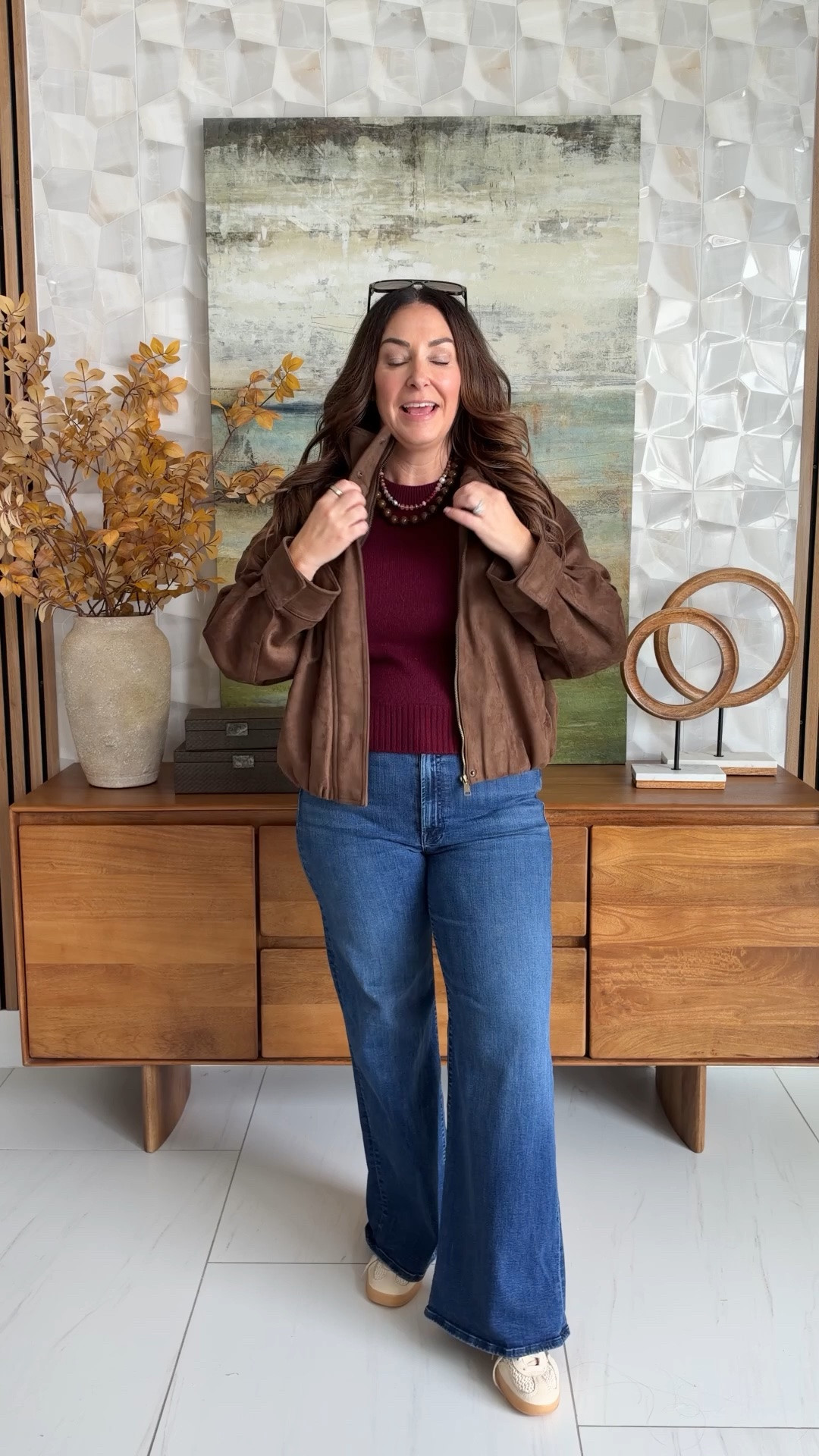 I have worn this chocolate suded jacket a TON this fall! Styled with a burgundy sweater, wide leg jeans and sneakers for an easy casual fall outfit. |Wearing Jeans, 31 and Top , L

#LTKSeasonal #LTKOver40 #LTKMidsize