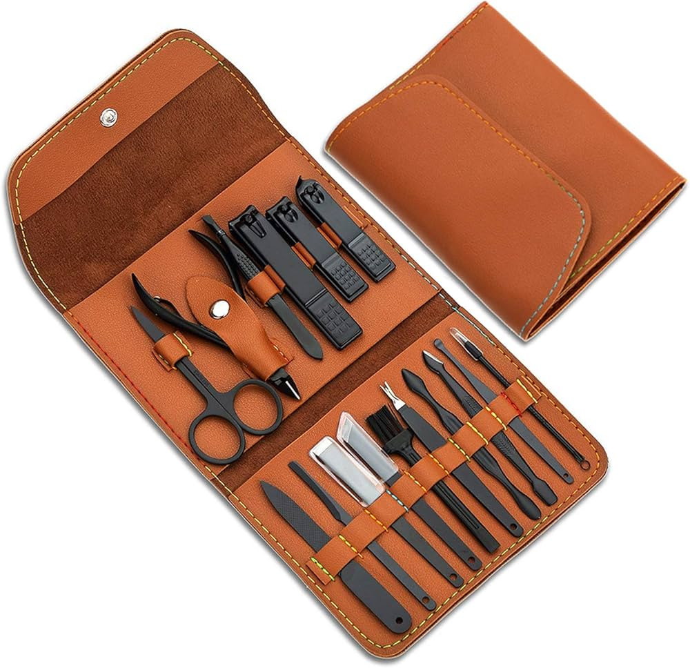 Gifts for Men/Women, Stainless Steel Manicure Set with PU leather case, Personal care tool (brown... | Amazon (US)
