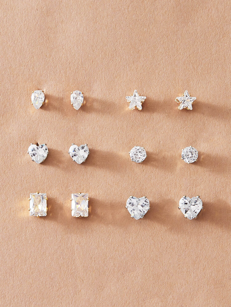 6pairs Rhinestone Engraved Heart & Star Shaped Stud Earrings | SHEIN
