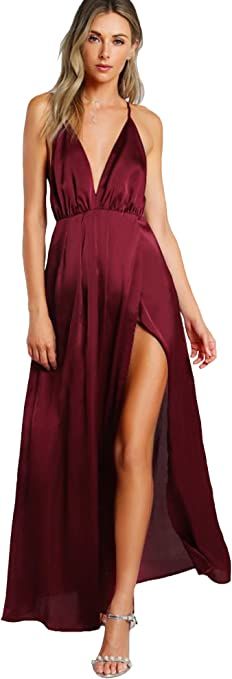SheIn Women's Sexy Satin Deep V Neck Backless Maxi Club Party Evening Dress | Amazon (US)