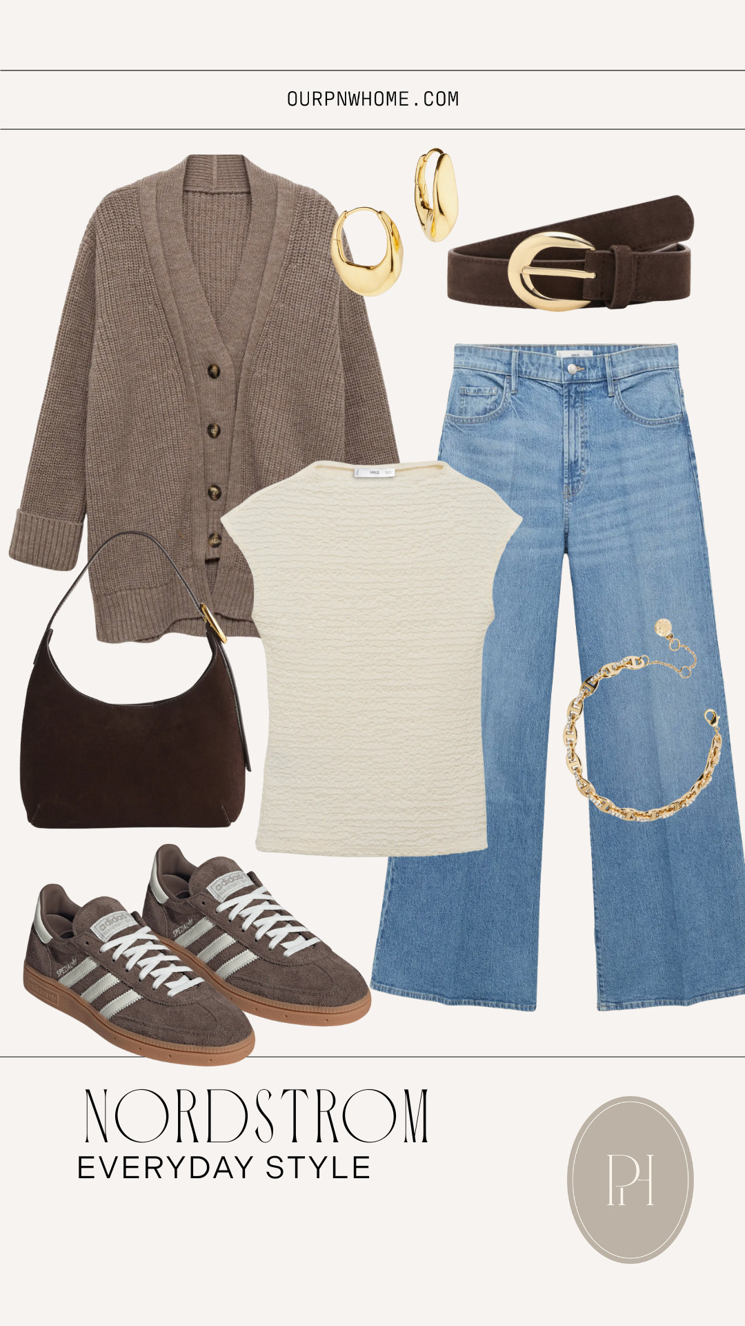 The cutest neutral fashion finds for an everyday look from Nordstrom!

wide leg denim, high waist jeans, light wash denim, white top, tank top blouse, sleeveless blouse, brown cardigan, cardigan sweater, brown belt, suede belt, suede handbag, brown handbag, top handle purse, brown Adidas, fashion sneakers, tennis shoes, trainers, gold bracelet, gold earrings, gold hoops, casual look, casual outfit, winter fashion, winter style, winter looks, winter outfit, everyday outfit 

 #LTKgrwm #LTKootd #LTKSeasonal