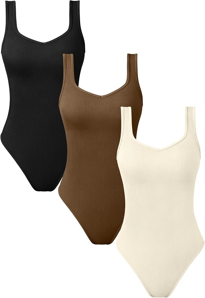OQQ Women's 3 Piece Bodysuits Sexy V Neck Sleeveless Stretch Tank Tops Bodysuits | Amazon (US)