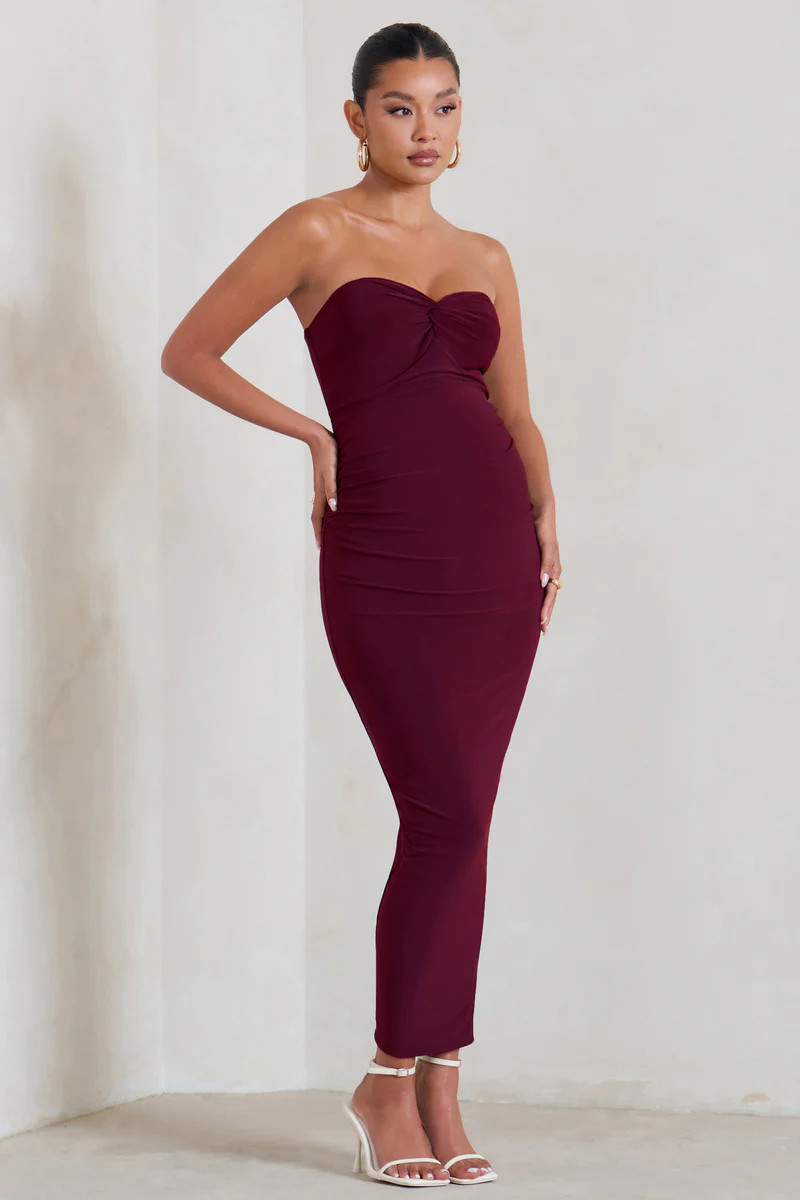 Evita  Burgundy Maternity Sweetheart Twist Detail Maxi Dress | Club L London