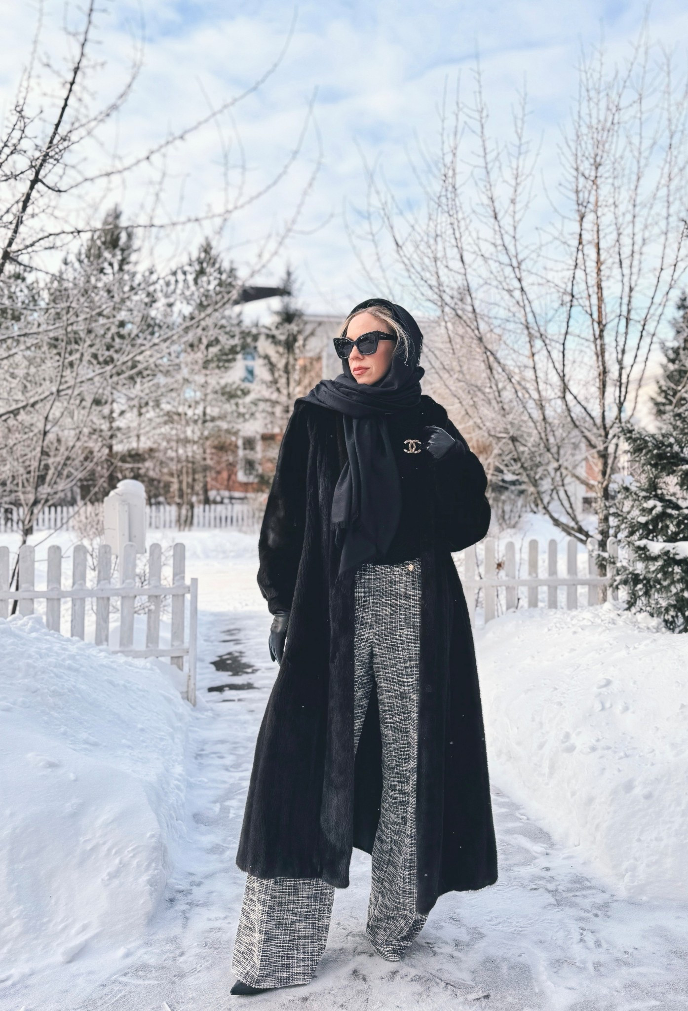 Vintage black fur coat, balaclava scarf, tweed pants, Chanel brooch, winter workwear 

#LTKWorkwear #LTKSeasonal #LTKOver40