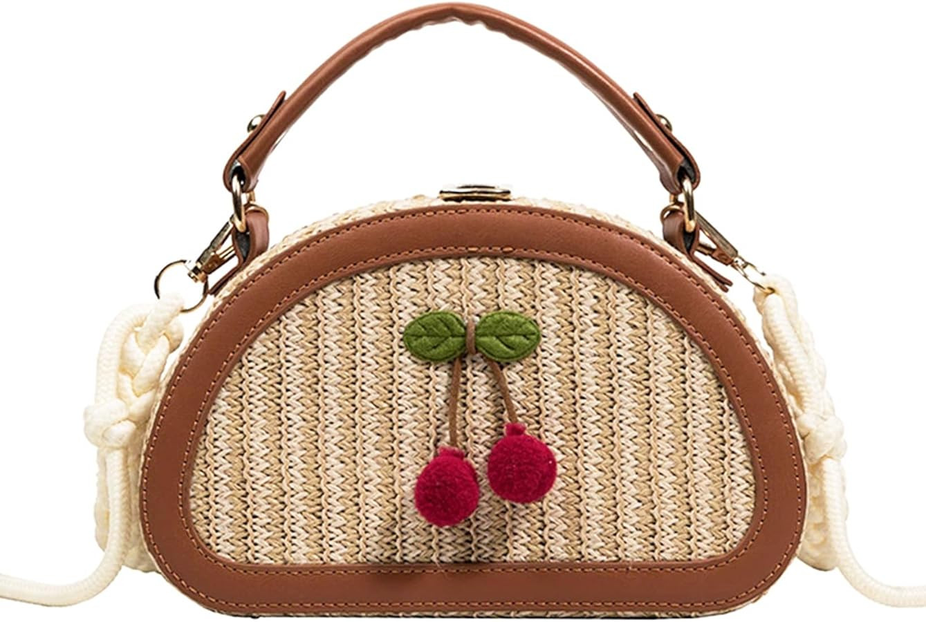Small Straw Bag Cute Cherry Purse Handbag Summer Woven Vacation Beach Purse Crossbody Bag Cherry ... | Amazon (US)
