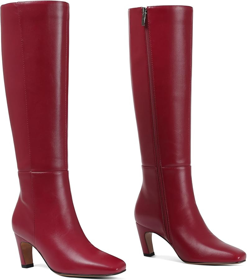 Kitten Heel Knee High Boots Women Square Toe Long Tall Boots Faux Leather Low Heel Boot Fashion D... | Amazon (US)