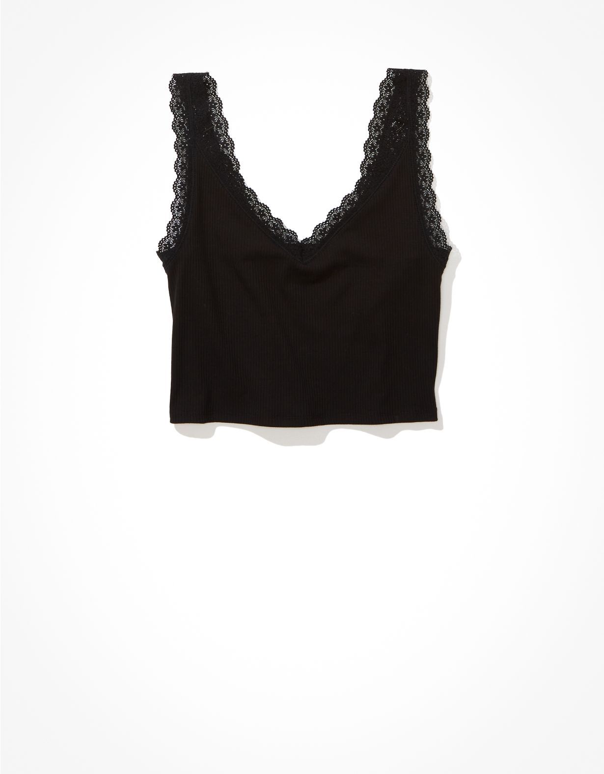 AE Cropped Lace Trim V-Neck Tank Top | American Eagle Outfitters (US & CA)