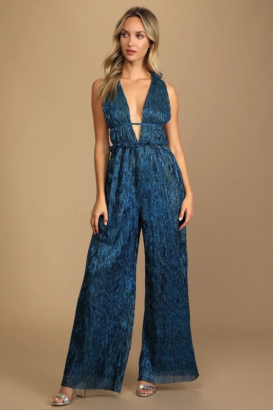 Party Factor Metallic Blue Multi Ruffled Wide-Leg Jumpsuit | Lulus (US)